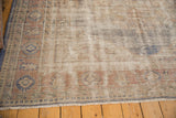 Distressed Oushak rug texture with wear to knot heads and foundation, muted blue.