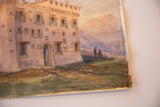 Late 19th-century Florence castle watercolor detail: two figures on a path, pale mountains, and aged paper edge.
