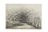 Antique pencil sketch of Calstock River Tamar, featuring boats and village, 7x10.