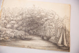 Aged paper texture and fine pencil lines of the antique Calstock ship sketch.