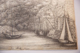 Pencil detail of Calstock Tamar seascape with boats, stone wall, and distant house.