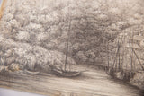 Intricate pencil detail of boats and dense foliage on the River Tamar.