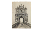 Finely detailed antique charcoal drawing of Plymouth Citadel Gate, late 19th century, 7x10.