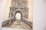 Detailed view of antique charcoal drawing, showing ornate gate, bridge, and figures.