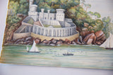 Sailboat and flock of birds over green-blue water in the Fort Picklecombe watercolor painting.