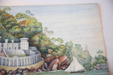 Antique watercolor detail of Fort Picklecombe: white fort and green wooded cliff.