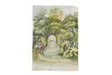 Antique watercolor painting of a classical folly within a lush late 19th century English landscape.