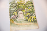Domed building surrounded by lush green trees in the 1880s English landscape watercolor.