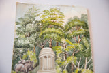 Antique watercolor detail of a cream-colored domed structure among vibrant green trees.