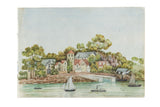 Antique watercolor painting of a detailed coastal seascape with town, boats, and trees, 7x10.