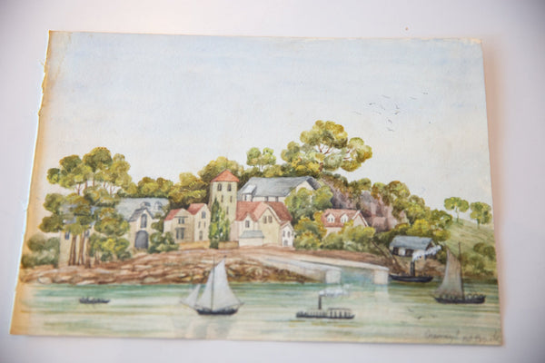 Antique Seascape Boats Watercolor Painting / ONH Item 6652 Image 1
