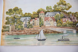 Antique watercolor painting featuring red-roofed buildings, green trees, and small steamboat.