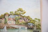Close-up of the antique watercolor painting featuring green hills, village buildings, and flying birds.