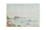 Antique Mewstone Breakwater watercolor painting depicting boats, island, and lighthouse in muted tones.