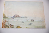 Antique seascape watercolor painting, detailed boats and lighthouse on aged, textured paper.