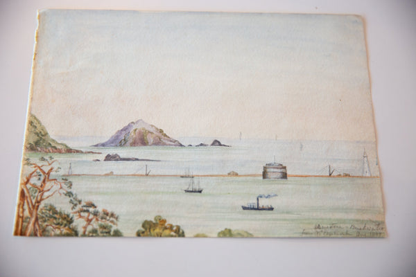 Antique Seascape The Mewstone Breakwater Mt Edgecombe Watercolor Painting / ONH Item 6654 Image 1