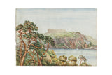 Antique late 19th century Mt Edgecumbe watercolor seascape with trees, architecture, 7x10.