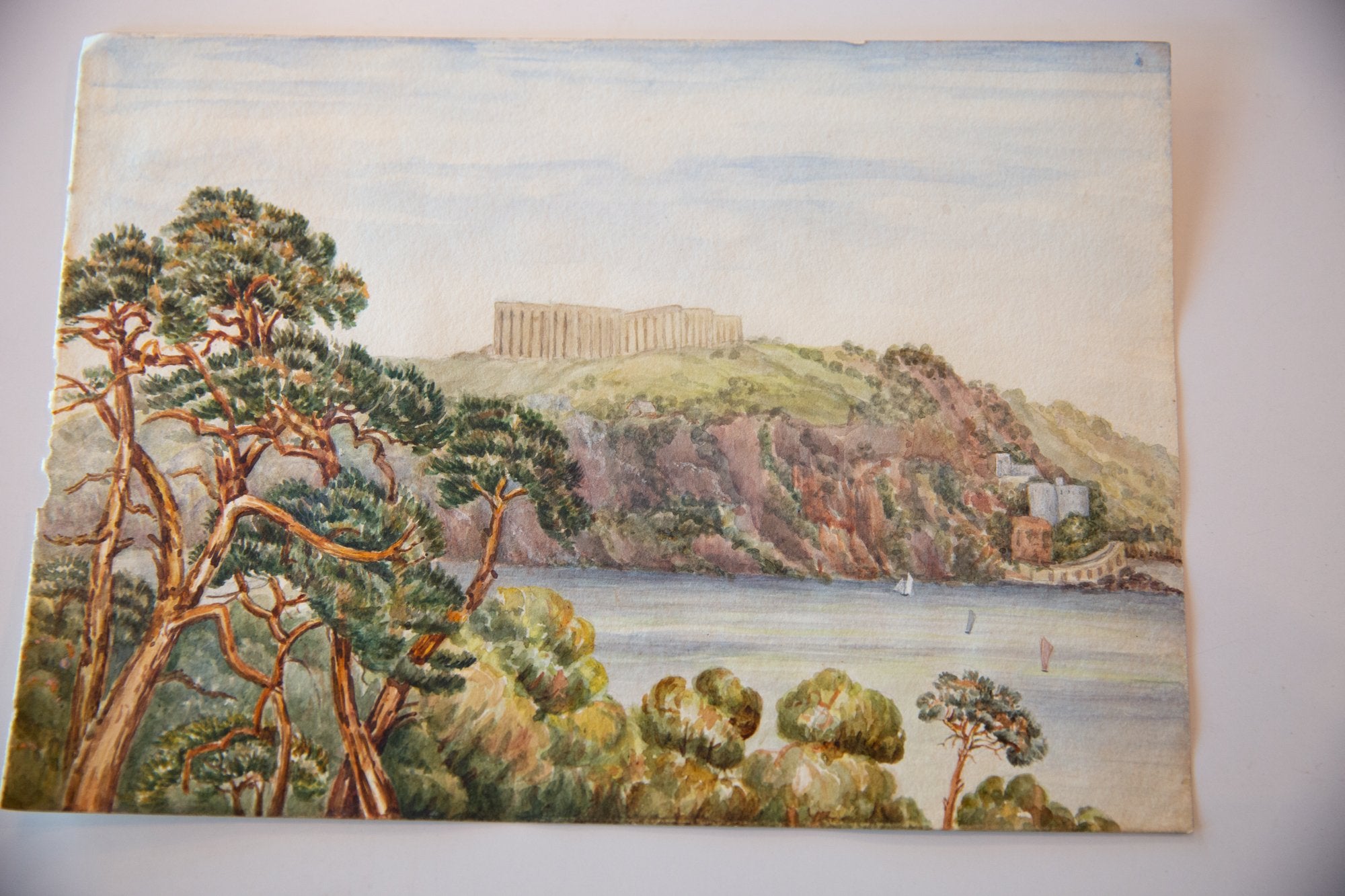 Antique Mt Edgecumbe England Watercolor Seascape Painting / ONH Item 6655 Image 1