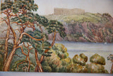 Antique watercolor: gnarled trees, tranquil blue water, and a distant classical temple.