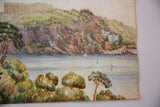 Antique watercolor seascape painting with light blue water, a small sailboat, and green trees.