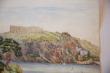 Antique watercolor showing brown rocky cliffs, green foliage, and white seaside homes.