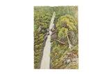 Antique England Lydford Gorge watercolor painting, detailed green trees, cascading waterfall, circa 1880s.