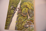 Antique England waterfall watercolor painting with detailed green foliage and rocks.
