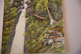 Watercolor detail of white waterfall cascading over dark rocks and vibrant green trees.