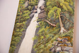Angled detail of the Lydford Gorge watercolor, featuring lush green trees and waterfall.