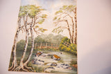 Delicate tree branches and soft sky hues in the antique Lydford Gorge watercolor painting.