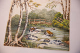 Flowing water over textured rocks and gnarled tree roots in the watercolor.