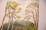 Upper right of antique English watercolor painting, featuring graceful trees and rustic fence.