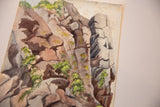Upper right detail of the antique English landscape watercolor, showing weathered cliffs and faint birds.