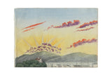 Late 19th century Plymouth sunset watercolor painting with golden rays and colorful clouds, 7x10 inches.