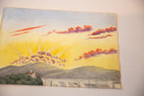 Vibrant yellow sky and red-purple clouds in antique Sunset at Plymouth watercolor painting.