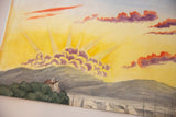 Radiant yellow sky and brilliant red and purple clouds in the antique watercolor.