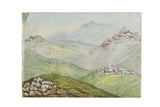 Late 19th century Dartmoore watercolor of rolling green hills and hazy mountains, 7x10 inches.