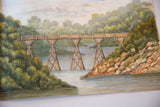 Late 19th-century watercolor detail of wooden railway bridge supports over calm water.