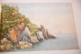 Angled view of antique watercolor of natural arch, rocky cliffs, and calm seascape.