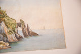 Rugged natural arch and green foliage in the antique watercolor seascape.