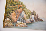 Natural Arch antique watercolor depicting rock formations, calm water, and a distant sailboat.