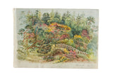 Antique watercolor painting, Boscombe Botanical Garden with vibrant trees, flowers, and a picket fence.