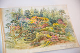 Upper detail of the botanical garden watercolor painting, featuring varied green trees.