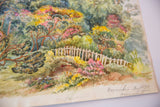Detail of antique Boscombe watercolor with 1890 inscription and vibrant garden foliage.