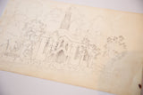 Detailed late 19th century church sketch showing spire, arched windows, and pencil foliage.