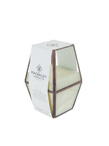Geometric copper lantern candle with Macbailey label detailing soy wax and wick.