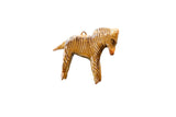 Vintage hand-painted wooden zebra ornament, light brown with dark stripes and loop.