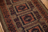 Madder root, navy, and brown geometric guls and floral panels, showing visible wear on Belouch rug.