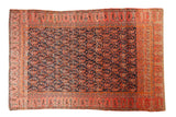 Antique Mission Malayer rug with allover navy blue boteh pattern, vibrant raspberry borders, 4'4