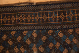 Antique Belouch rug detail: patterned bands, sky blue and terracotta botehs, worn, tattered selvedge.